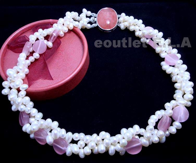 GENUINE PEARL N ROSE QUARTZ 3-ROW NECKLACE+FREE EARRINGS